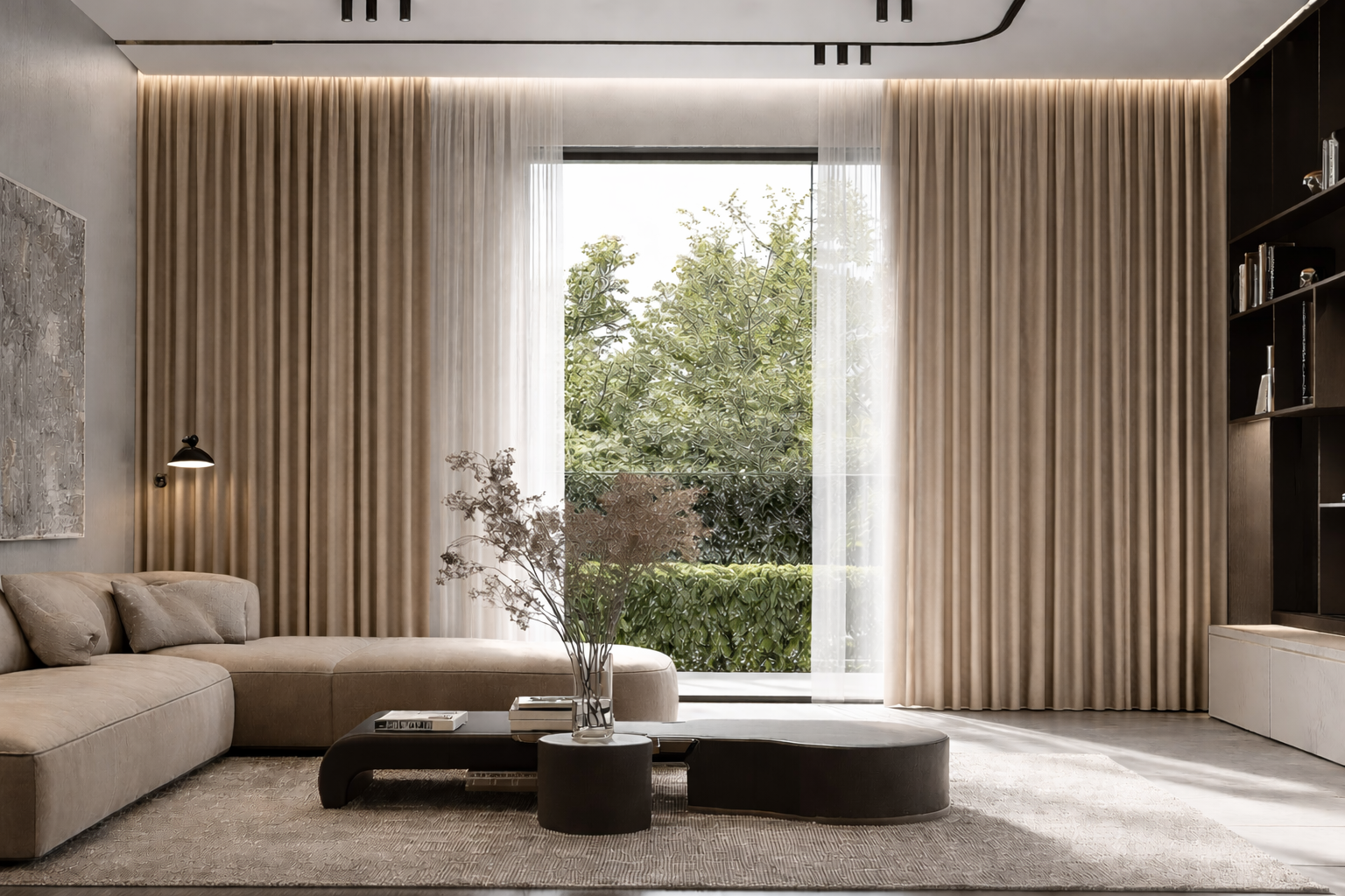 Motorised curtains in a luxury living room