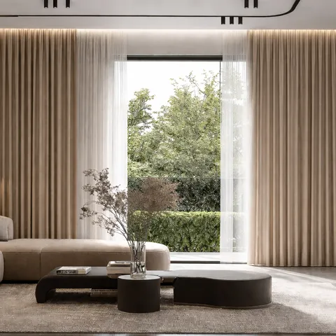 Motorised curtains in a luxury living room