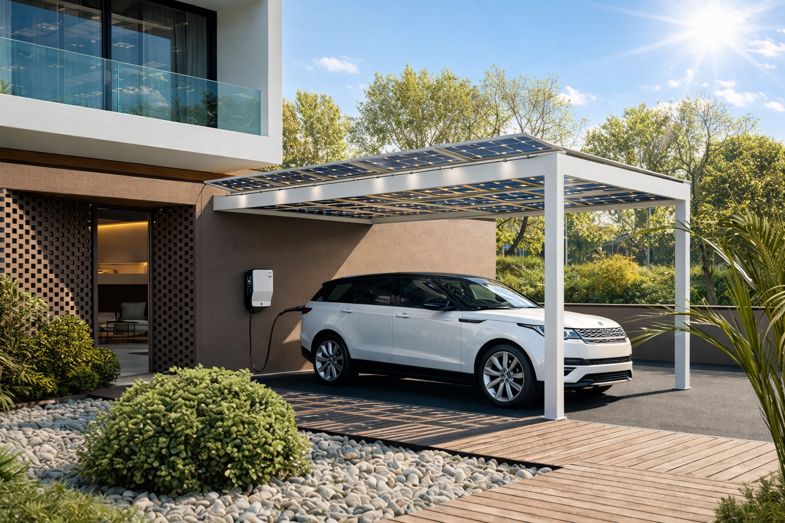 Modern carport with EV charging station