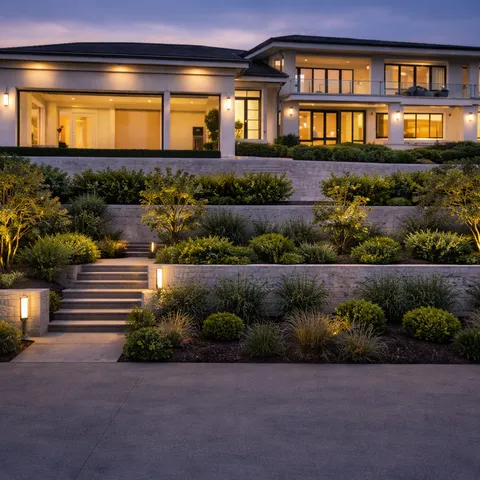 Modern house entrance with automated gate