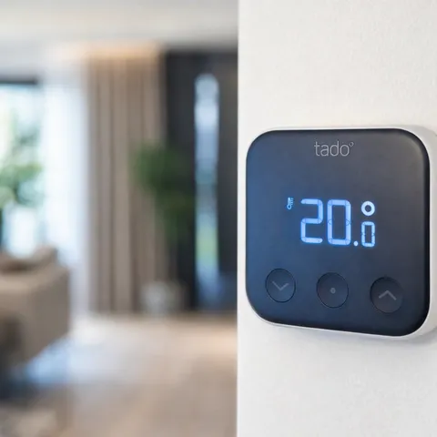 Smart thermostat mounted on a wall