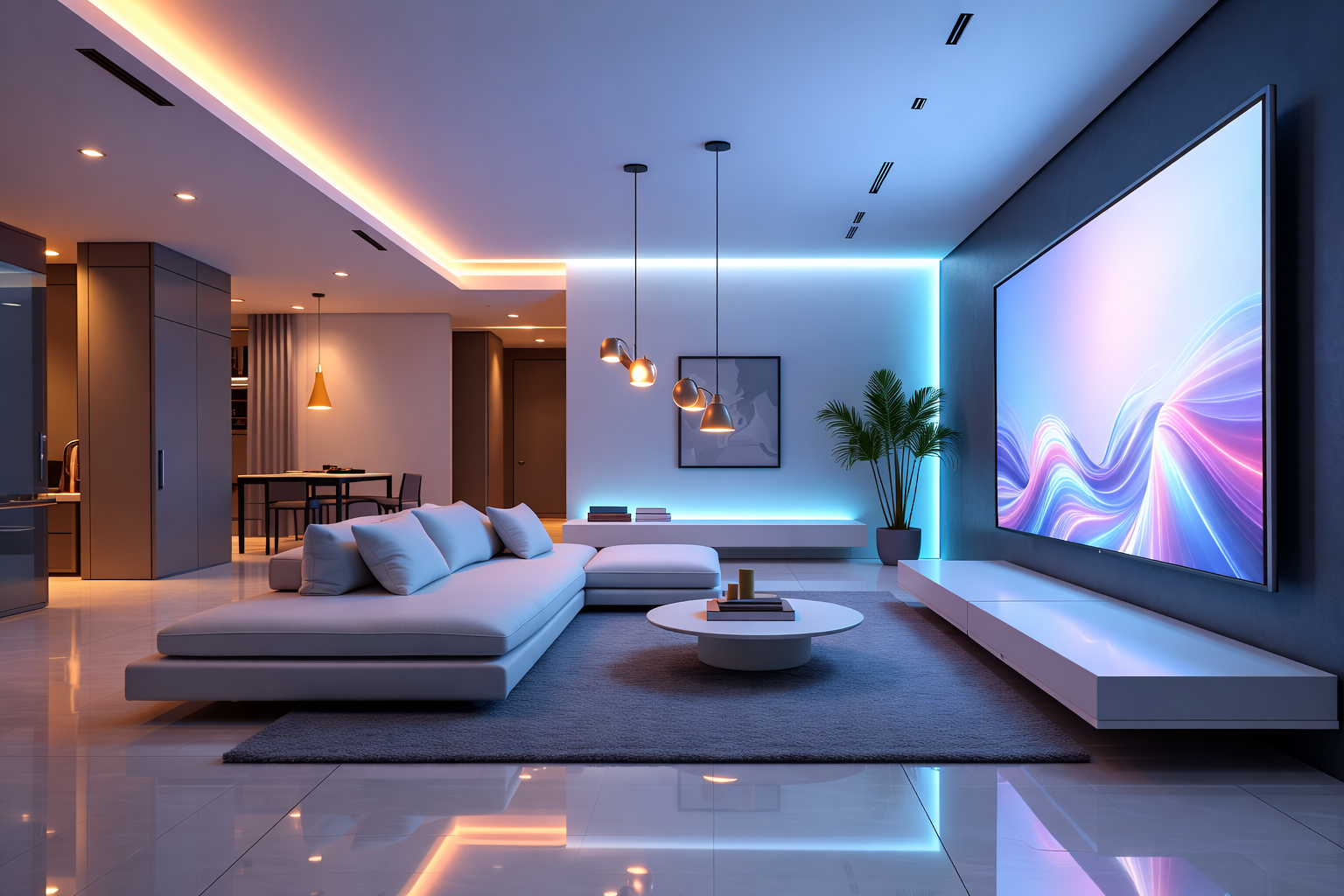 Luxury minimalist interior with designer lights on