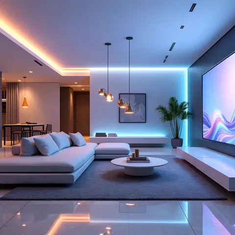 Luxury minimalist interior with designer lights on