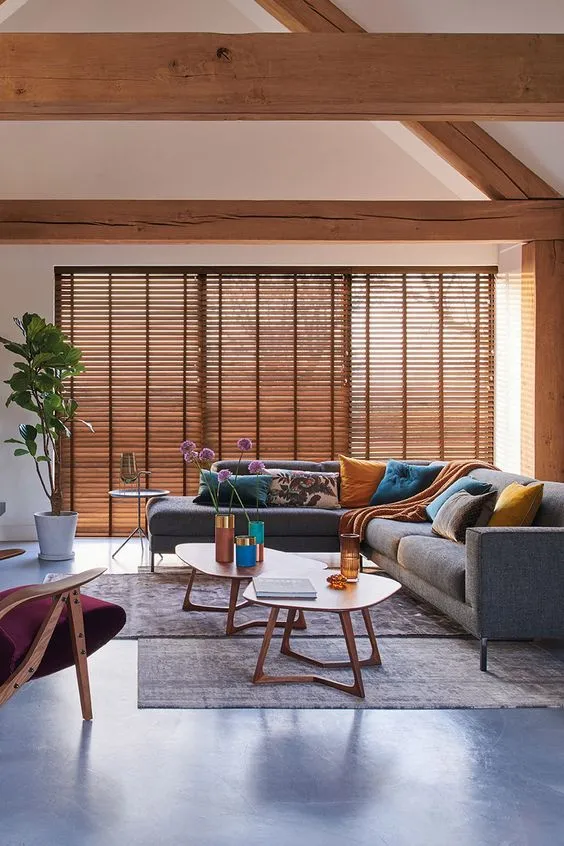 Automated wooden blinds in a modern interior